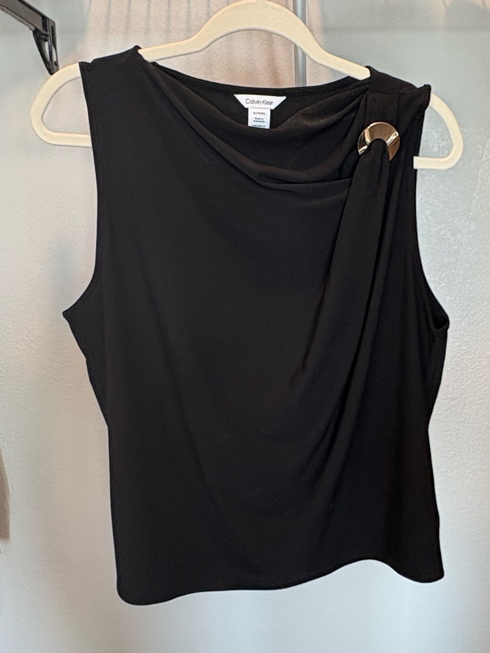 Calvin Klein Black Draped Tank with Gold Ring Detail